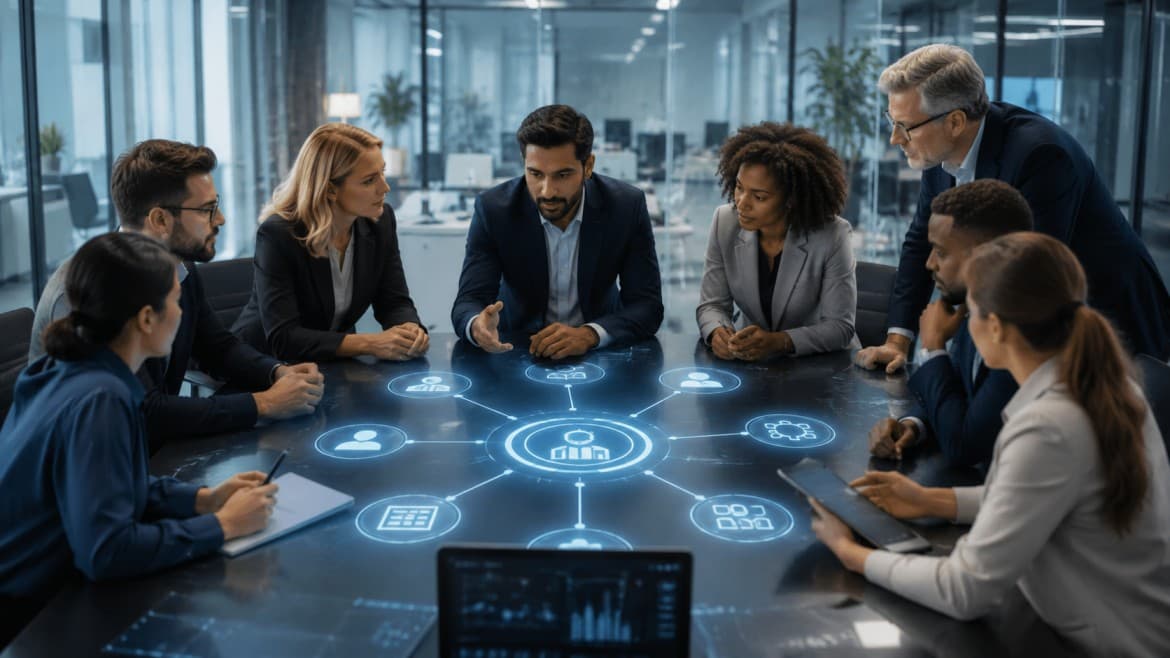 Dynamics Monk D365 implementation team collaborating on project governance, stakeholder roles, business processes, and digital transformation strategy.